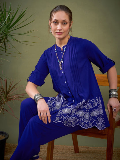 Royal Blue Hem Embroidered Shirt With Palazzos-Shae by SASSAFRAS