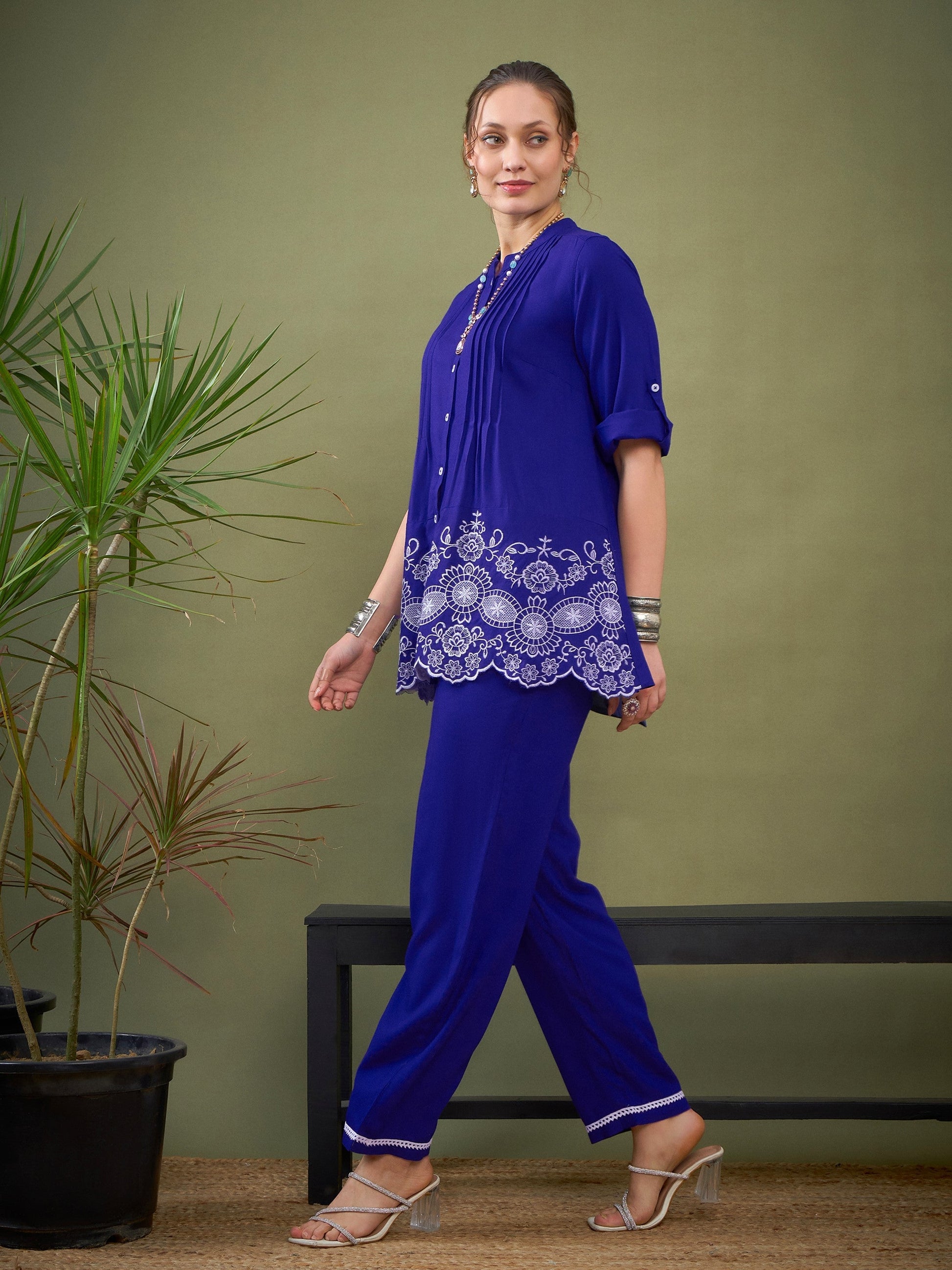 Royal Blue Hem Embroidered Shirt With Palazzos-Shae by SASSAFRAS