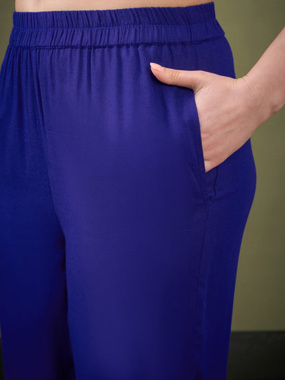 Royal Blue Hem Embroidered Shirt With Palazzos-Shae by SASSAFRAS