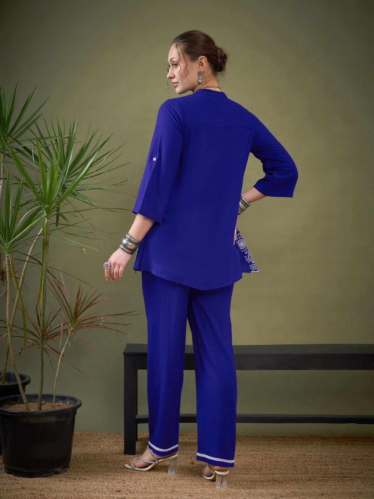 Royal Blue Hem Embroidered Shirt With Palazzos-Shae by SASSAFRAS