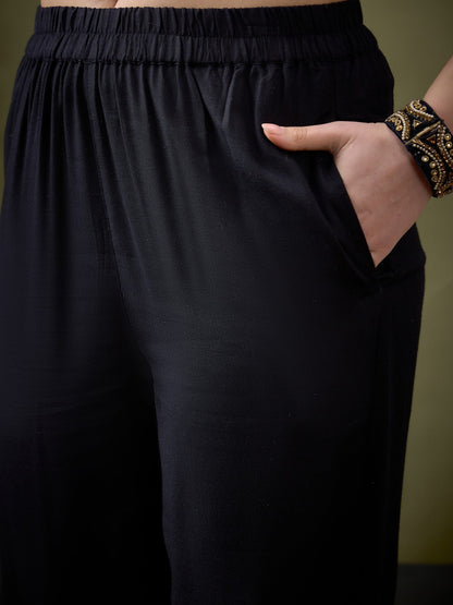 Black Collar And Placket Embroidered Shirt With Palazzos-Shae by SASSAFRAS