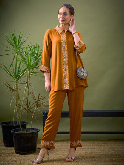 Mustard Collar And Placket Embroidered Shirt With Palazzos