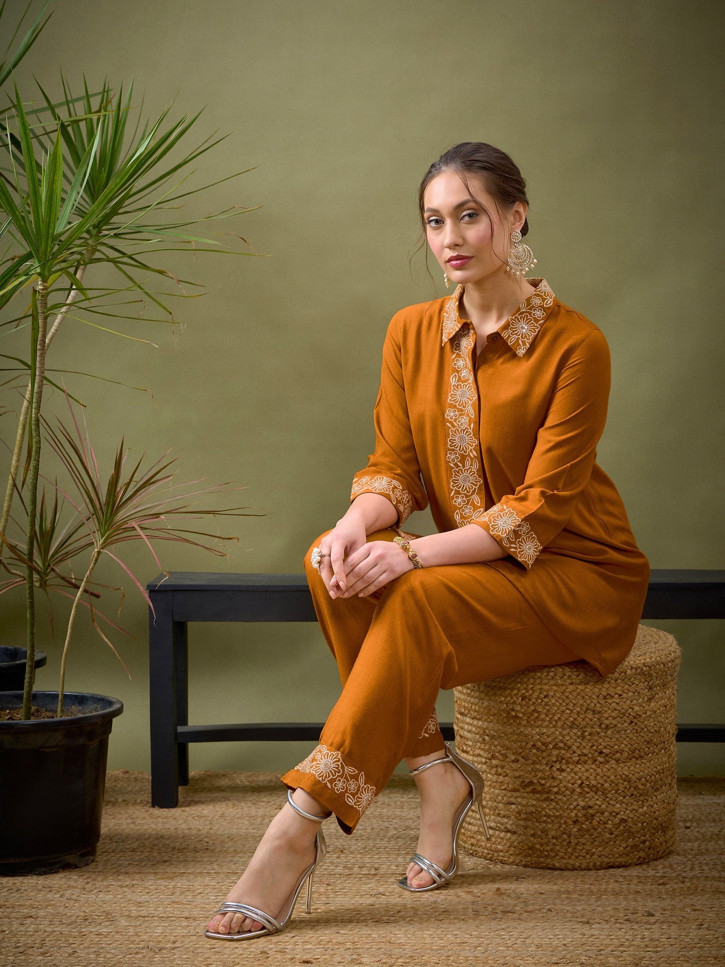 Mustard Collar And Placket Embroidered Shirt With Palazzos