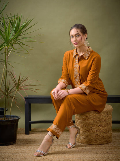 Mustard Collar And Placket Embroidered Shirt With Palazzos