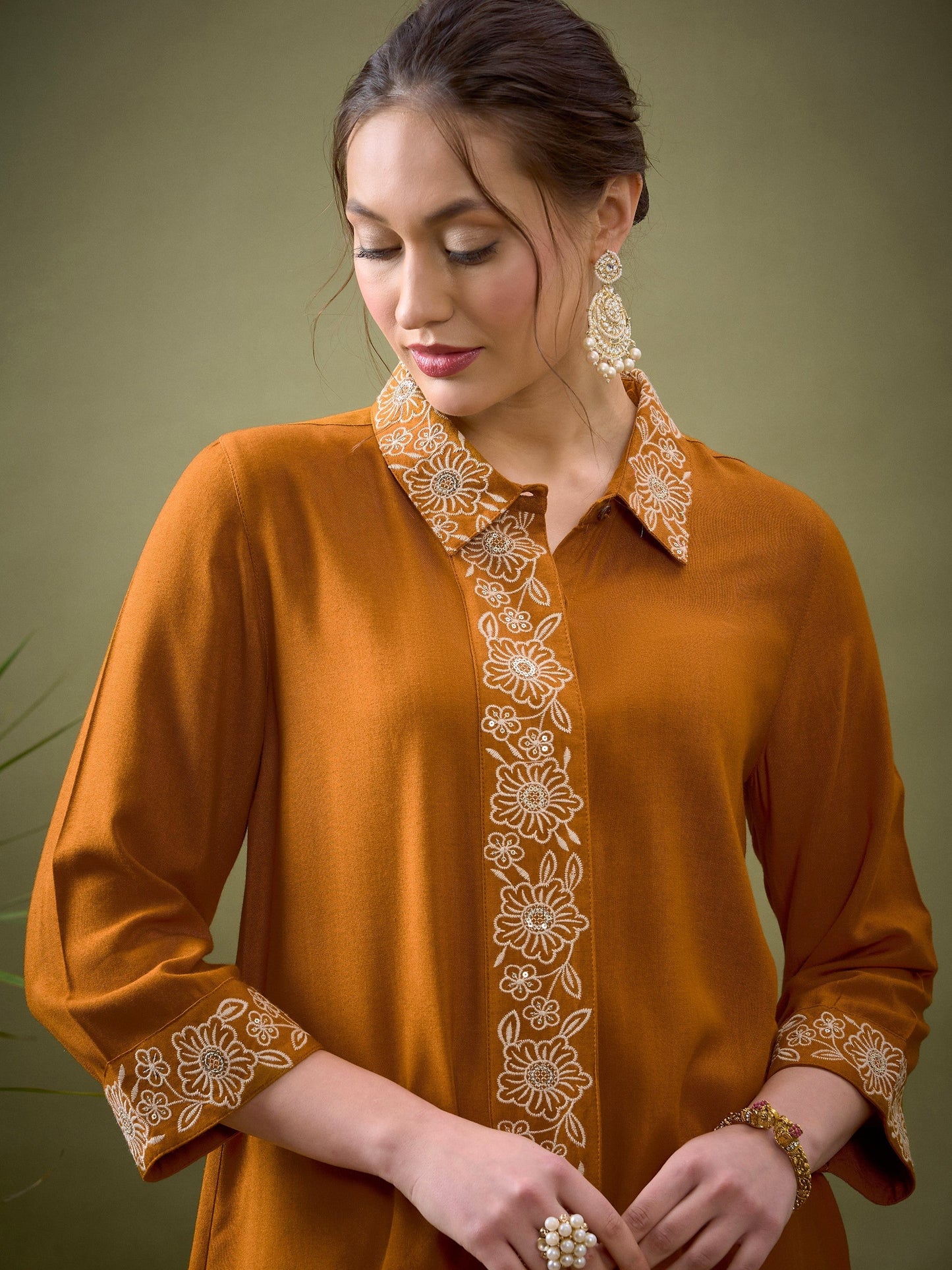 Mustard Collar And Placket Embroidered Shirt With Palazzos