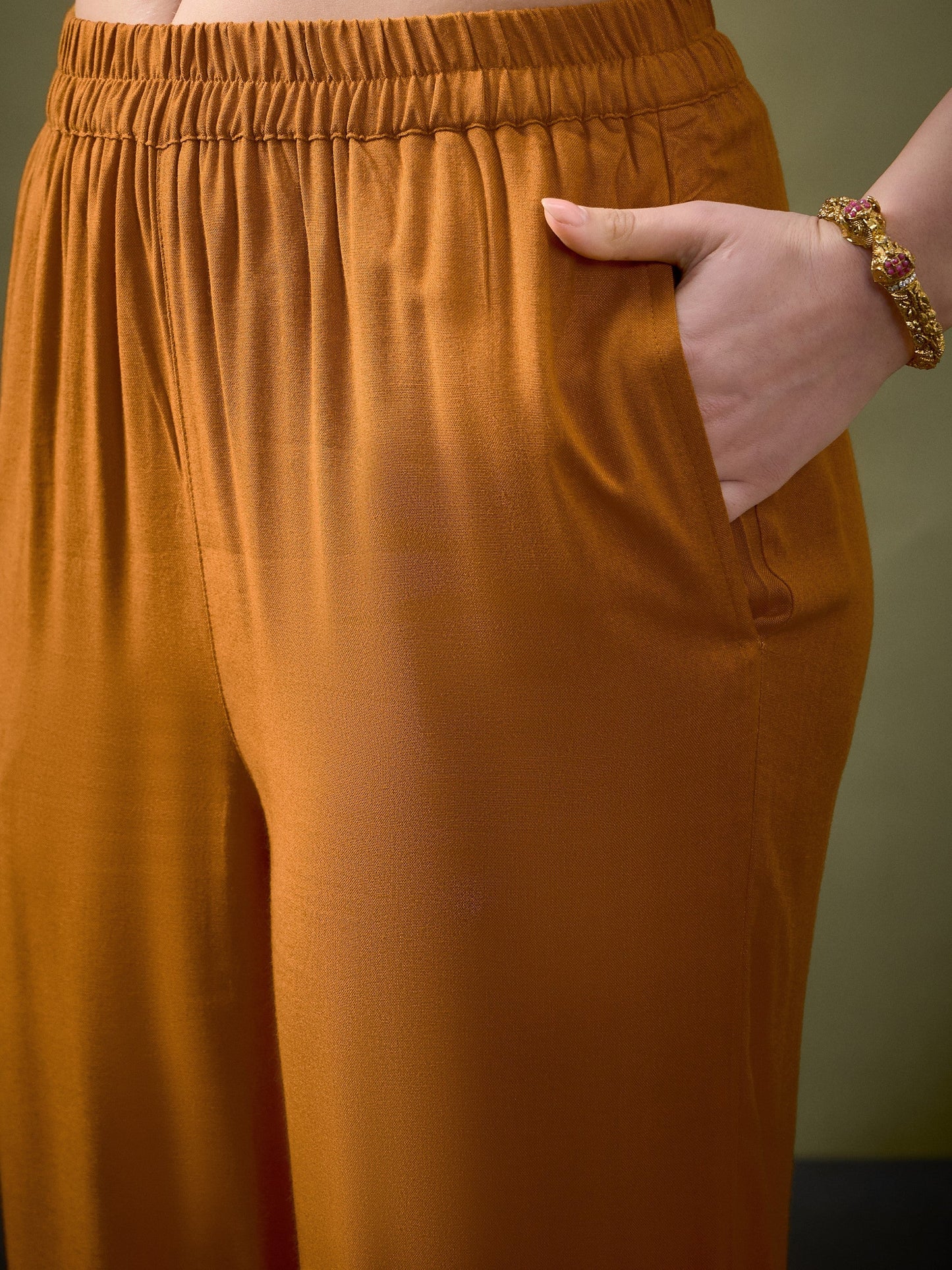 Mustard Collar And Placket Embroidered Shirt With Palazzos