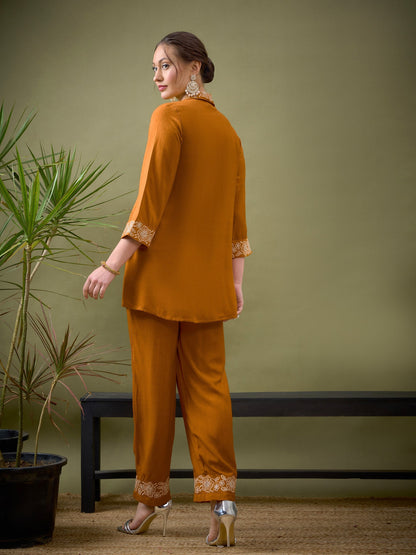 Mustard Collar And Placket Embroidered Shirt With Palazzos