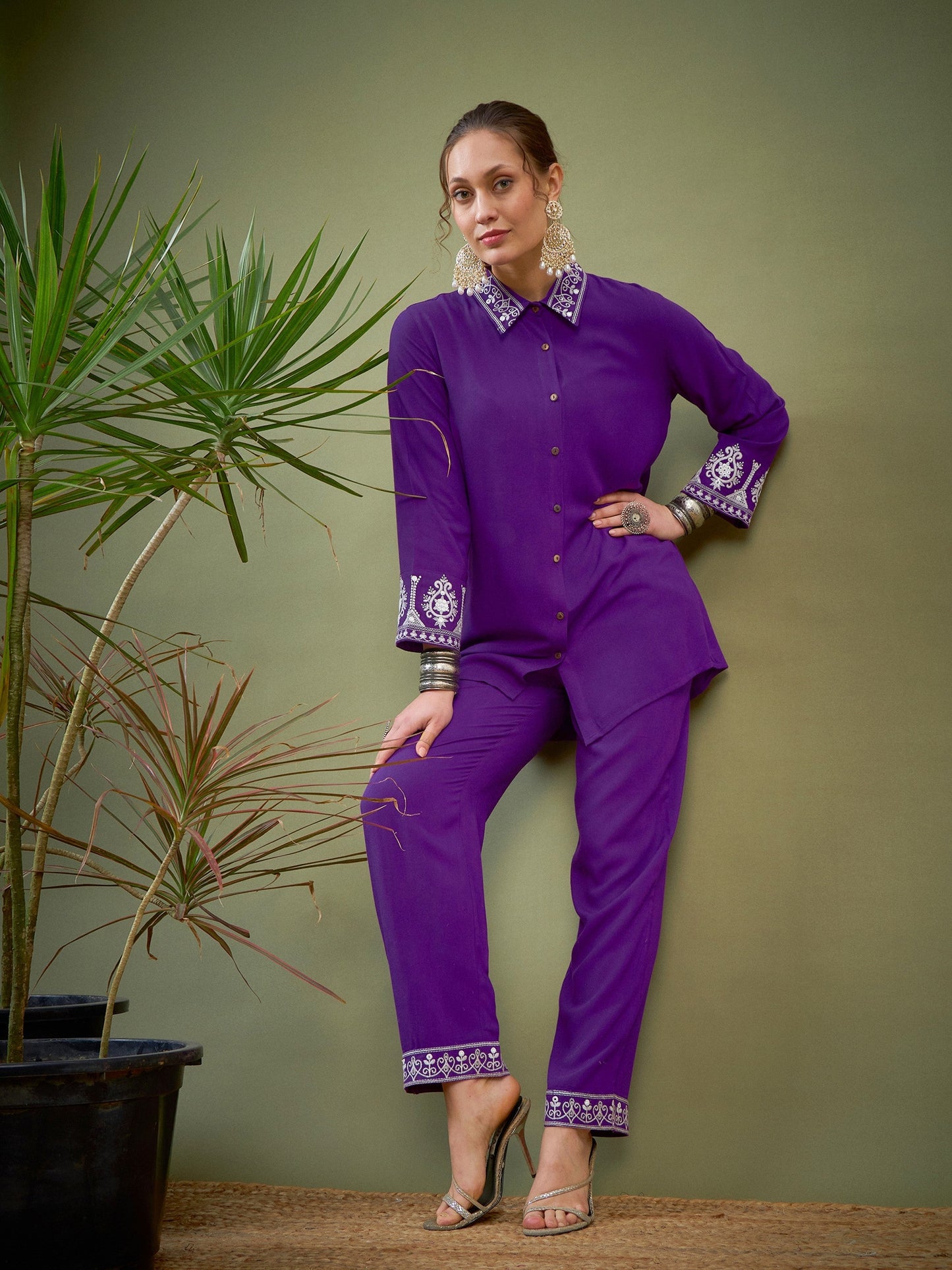 Women's Women Purple Collar And Sleeve Embroidered Shirt With Palazzos in Rayon by Shae for wholesale, bulk, supplier, manufacturer and wholesaler buyers from Trendphoria
