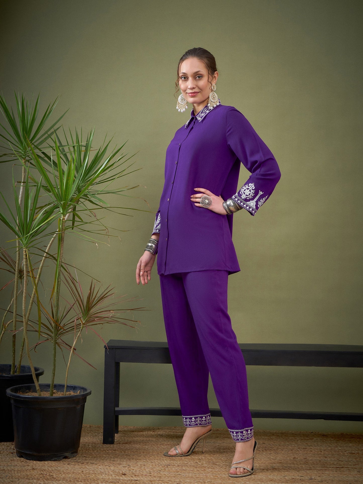 Purple Collar And Sleeve Embroidered Shirt With Palazzos-Shae by SASSAFRAS
