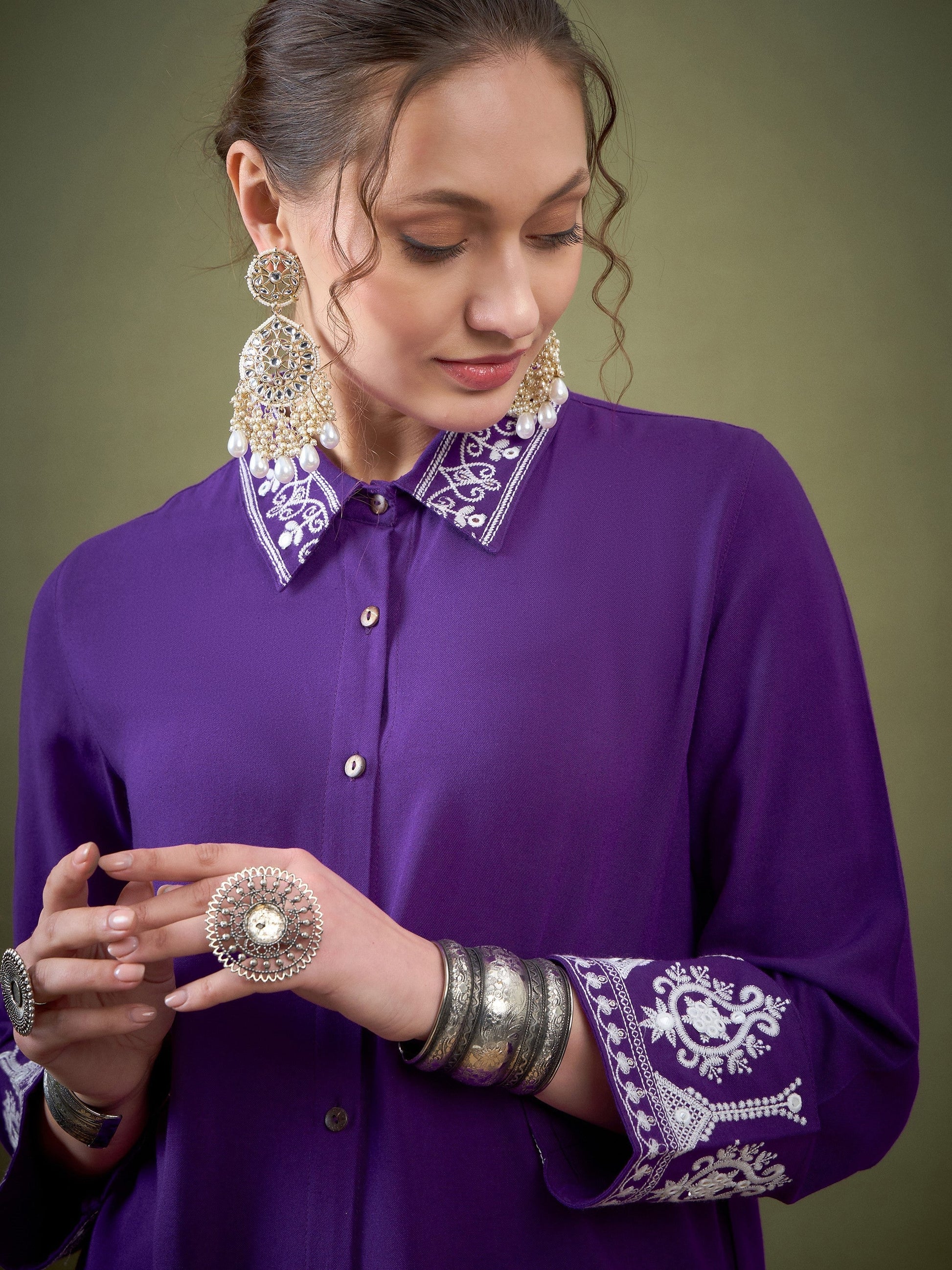 Purple Collar And Sleeve Embroidered Shirt With Palazzos-Shae by SASSAFRAS