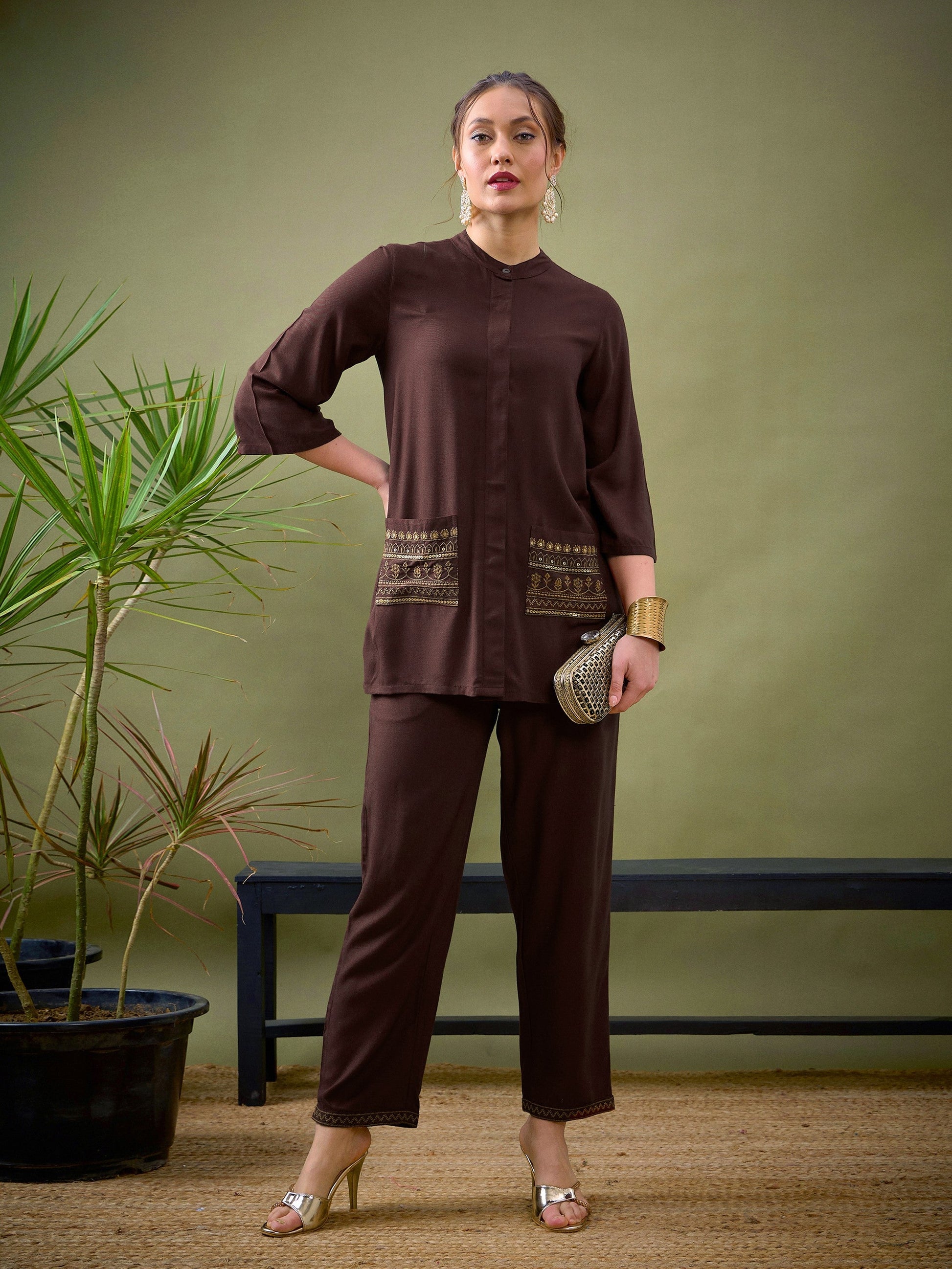 Brown Embroidered Pocket Shirt With Palazzos-Shae by SASSAFRAS