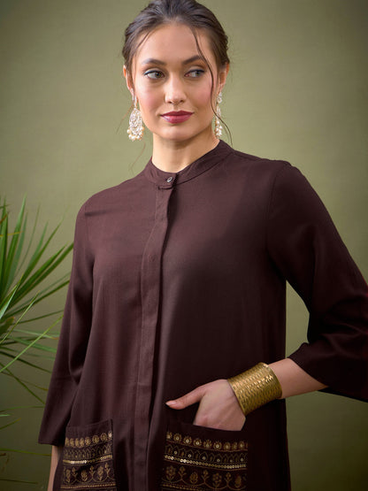 Brown Embroidered Pocket Shirt With Palazzos-Shae by SASSAFRAS