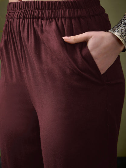 Brown Embroidered Pocket Shirt With Palazzos-Shae by SASSAFRAS