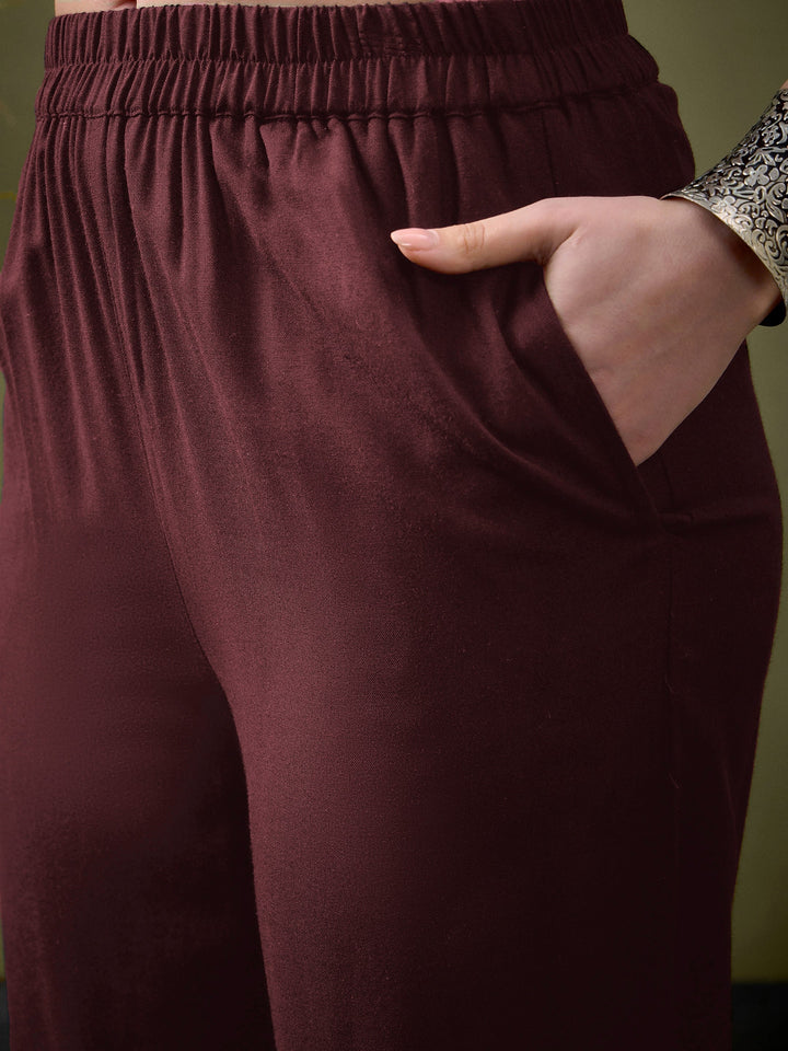 Brown Embroidered Pocket Shirt With Palazzos-Shae by SASSAFRAS
