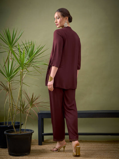 Brown Embroidered Pocket Shirt With Palazzos-Shae by SASSAFRAS