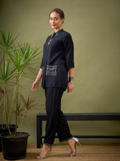 Black Embroidered Pocket Shirt With Palazzos-Shae by SASSAFRAS