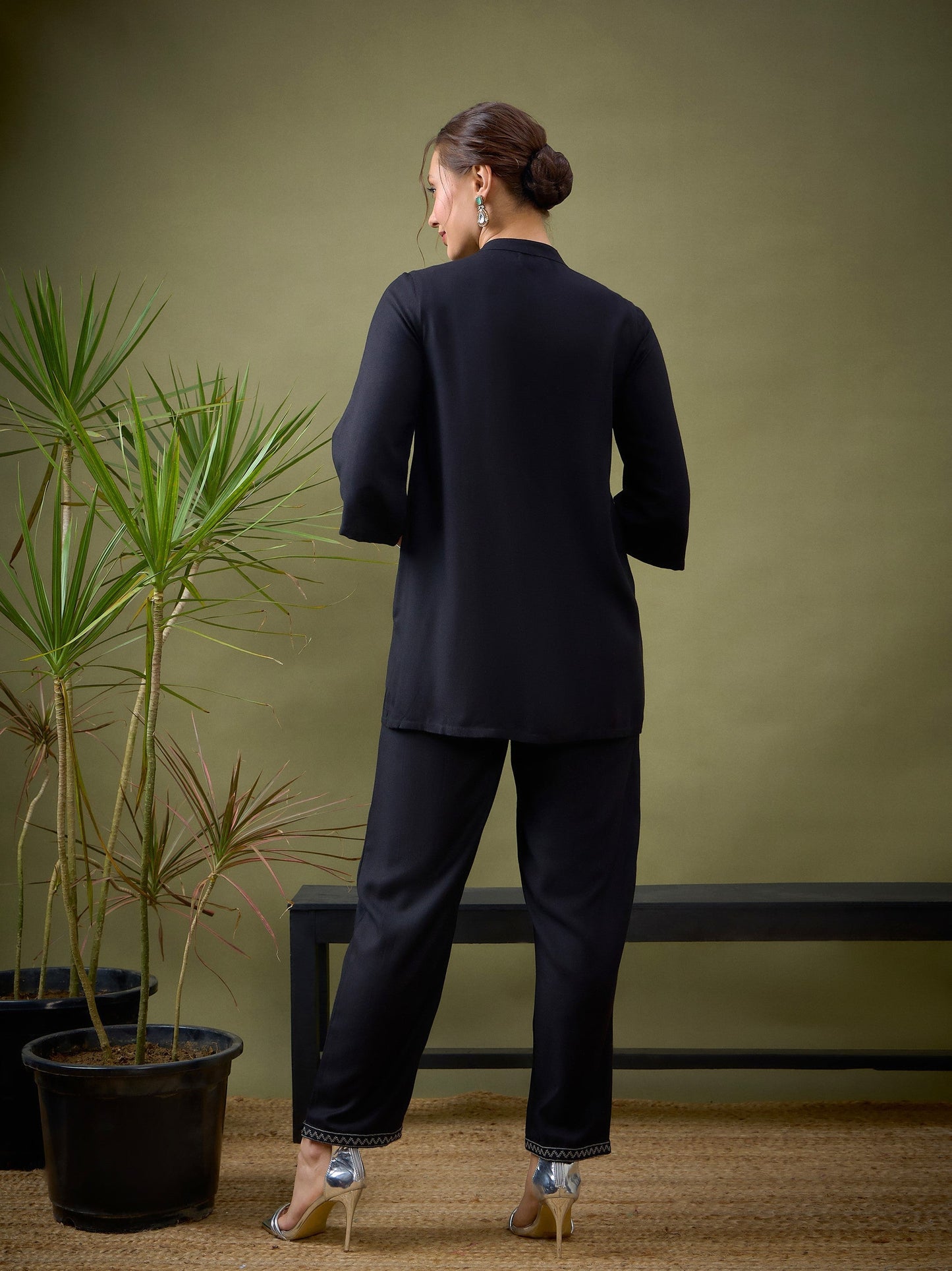 Black Embroidered Pocket Shirt With Palazzos-Shae by SASSAFRAS