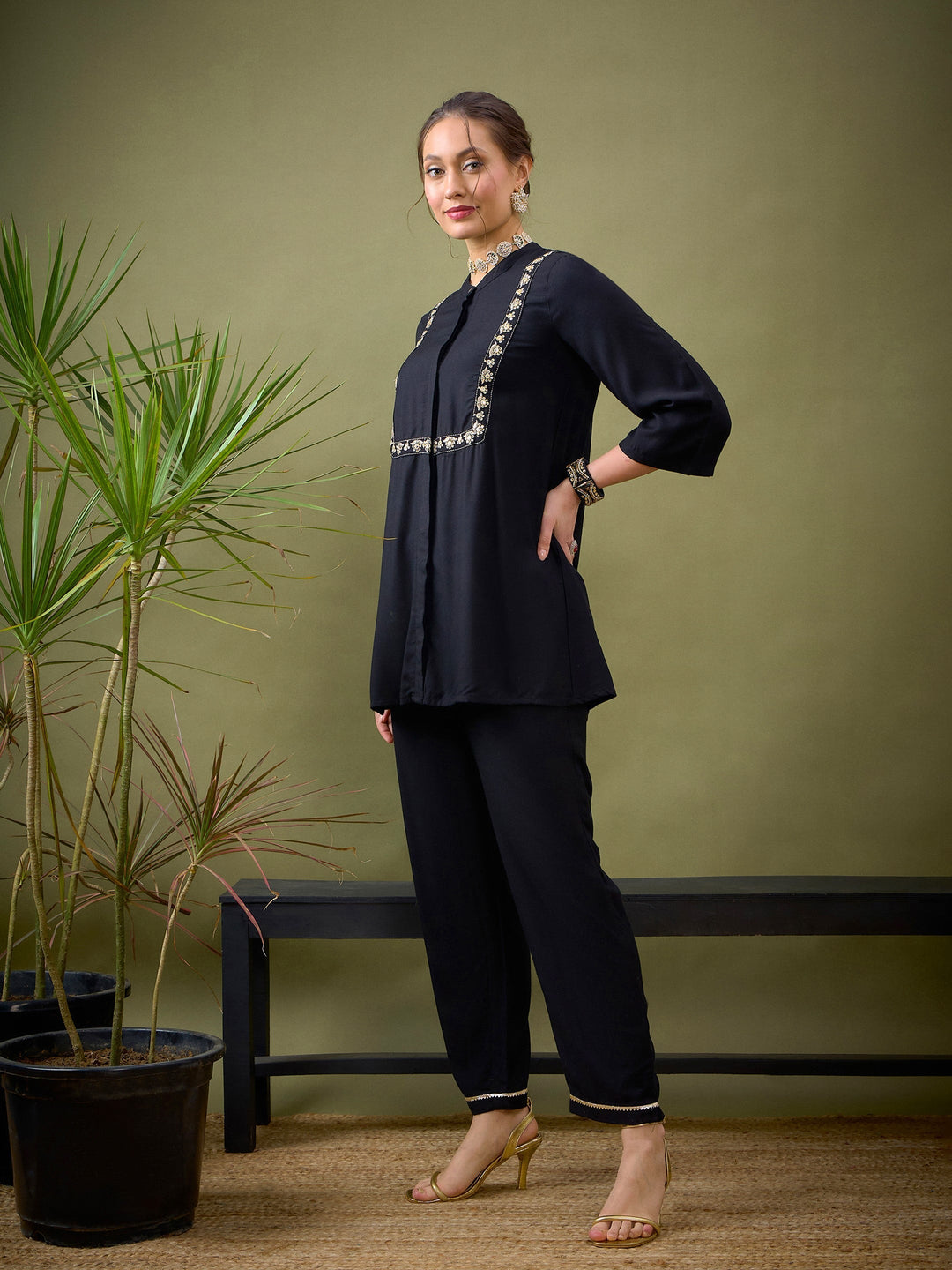 Black L-Shape Embroidered Shirt With Palazzos-Shae by SASSAFRAS