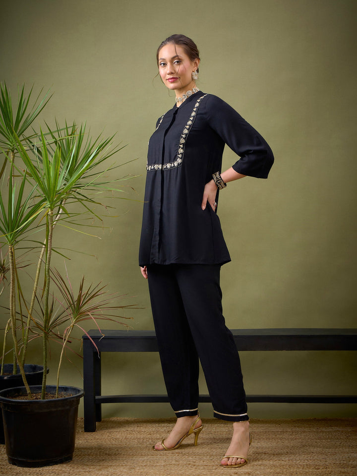 Black L-Shape Embroidered Shirt With Palazzos-Shae by SASSAFRAS