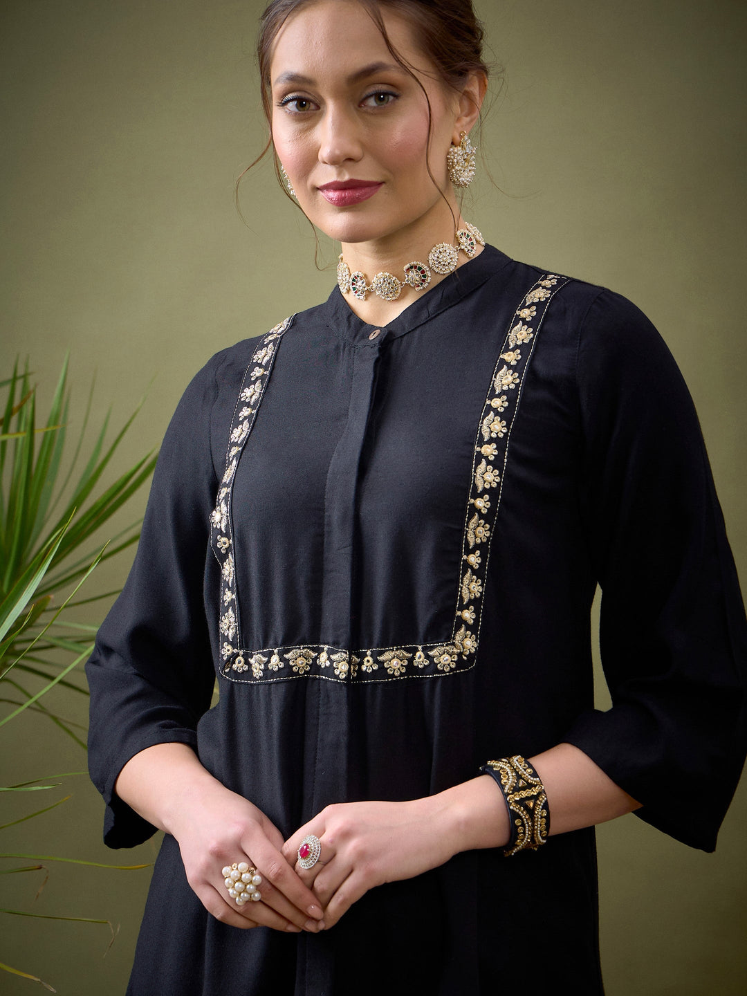 Black L-Shape Embroidered Shirt With Palazzos-Shae by SASSAFRAS
