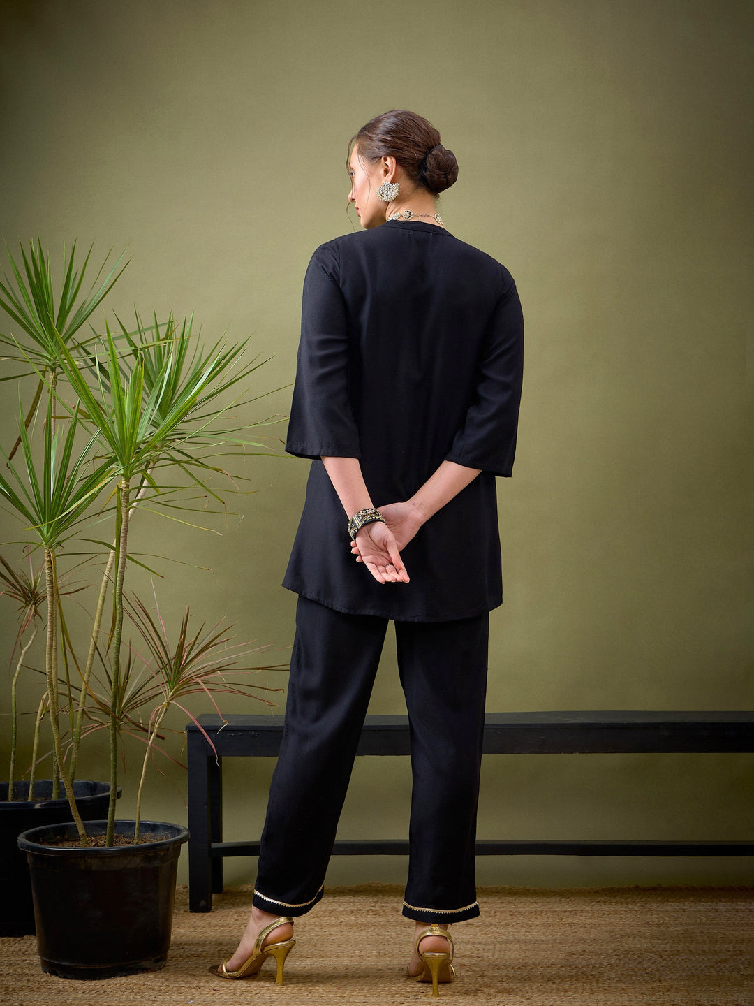 Black L-Shape Embroidered Shirt With Palazzos-Shae by SASSAFRAS