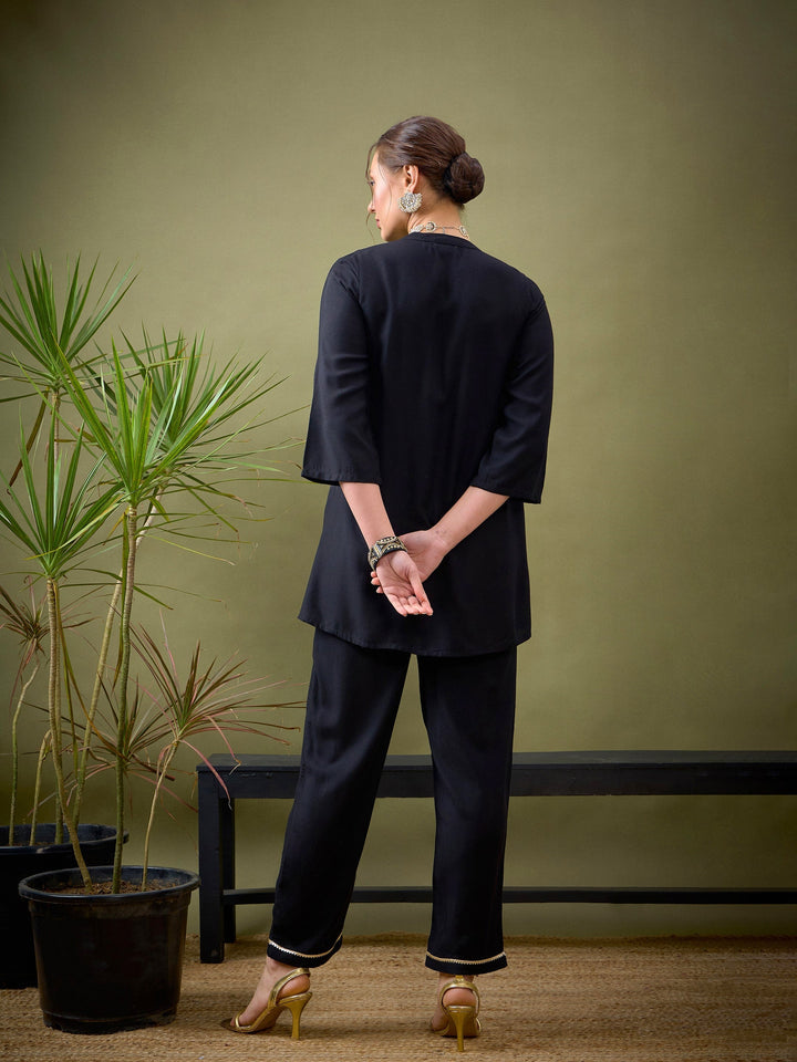 Black L-Shape Embroidered Shirt With Palazzos-Shae by SASSAFRAS