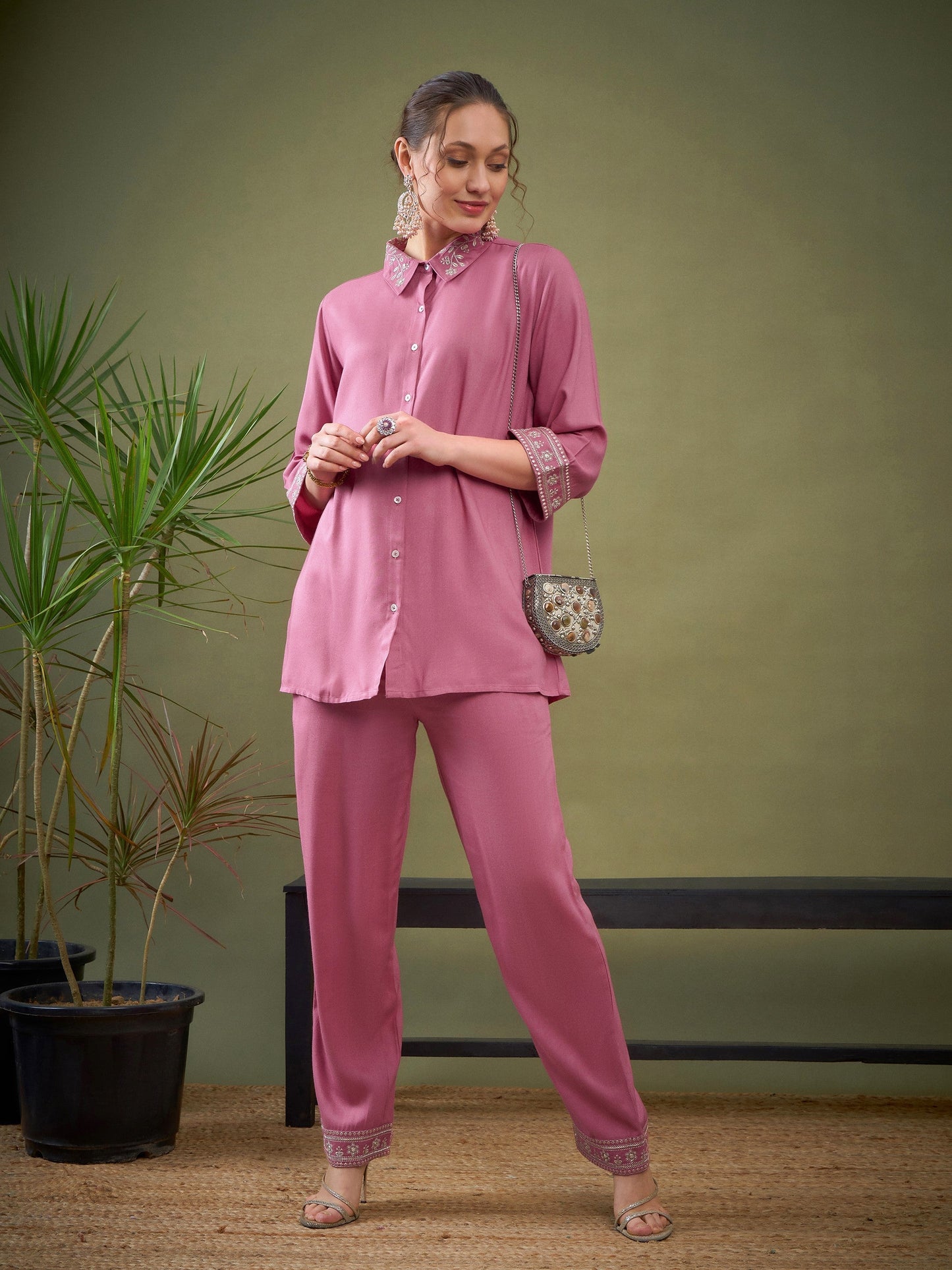 Pink Embroidered Shirt With Palazzos