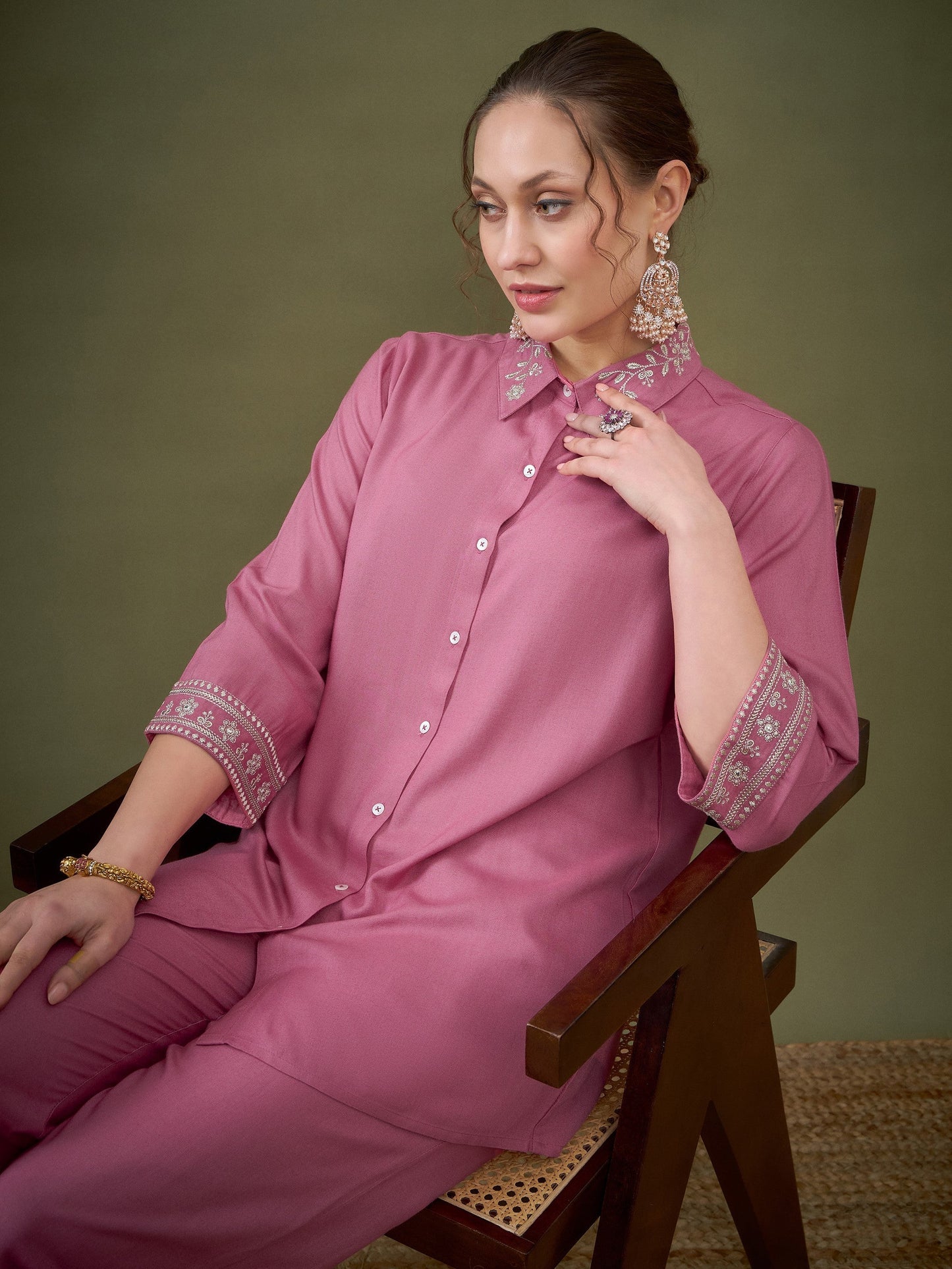 Pink Embroidered Shirt With Palazzos