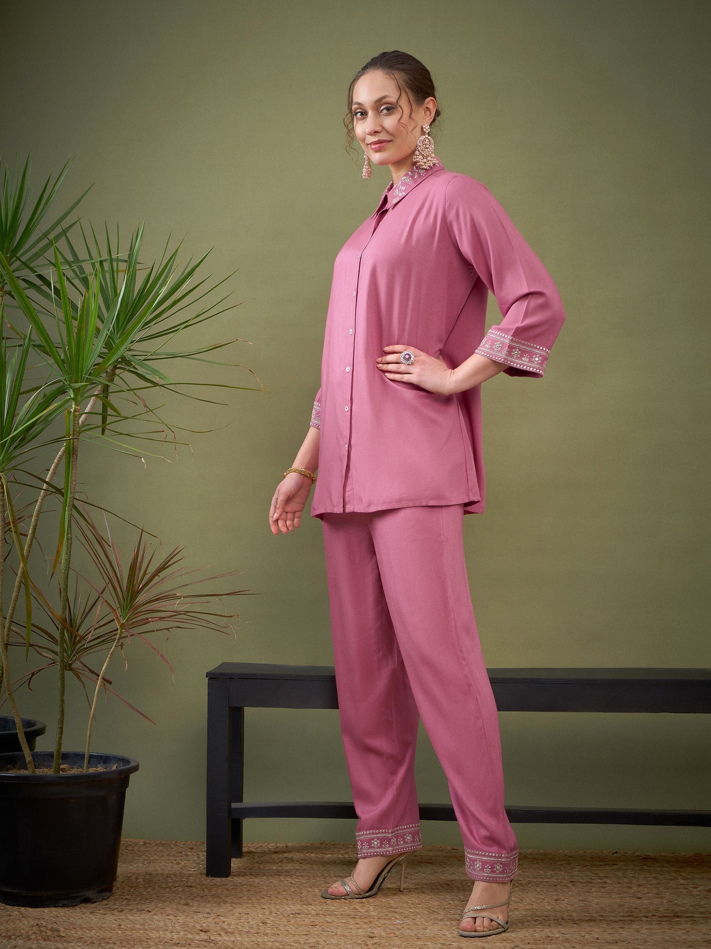 Pink Embroidered Shirt With Palazzos