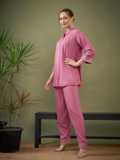 Pink Embroidered Shirt With Palazzos