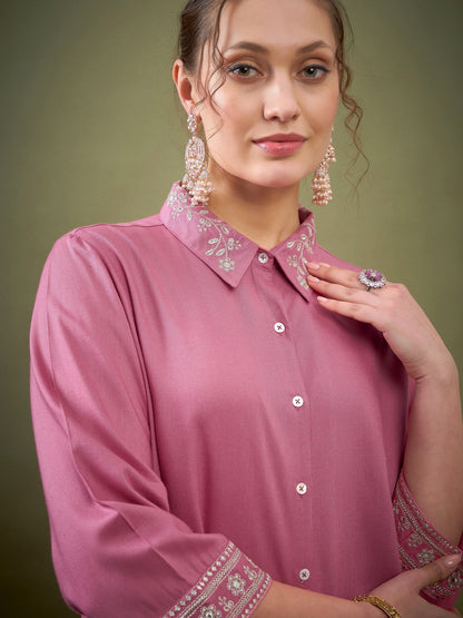 Pink Embroidered Shirt With Palazzos