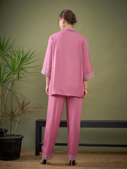 Pink Embroidered Shirt With Palazzos