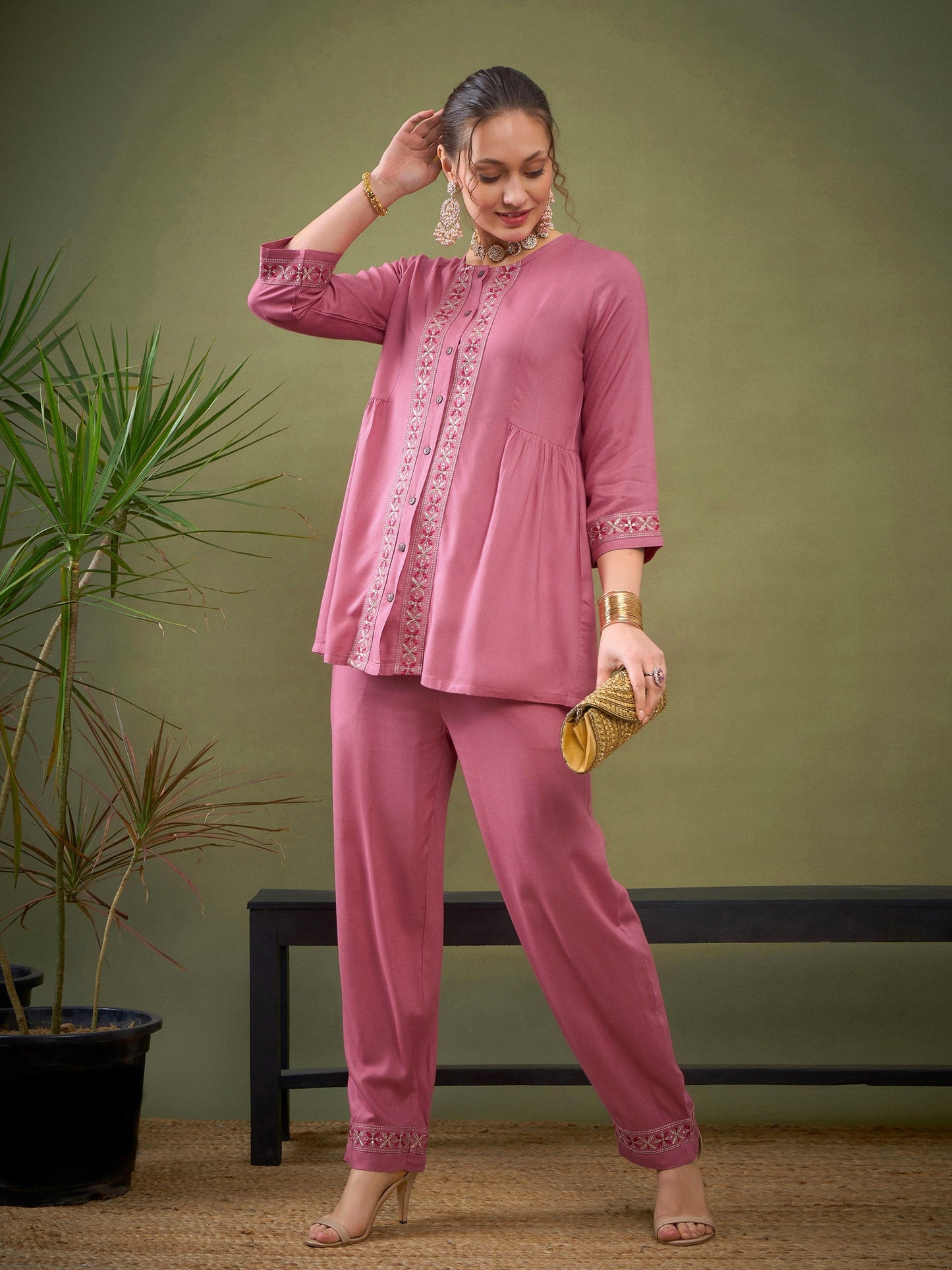 Pink Front Embroidered Shirt With Palazzos