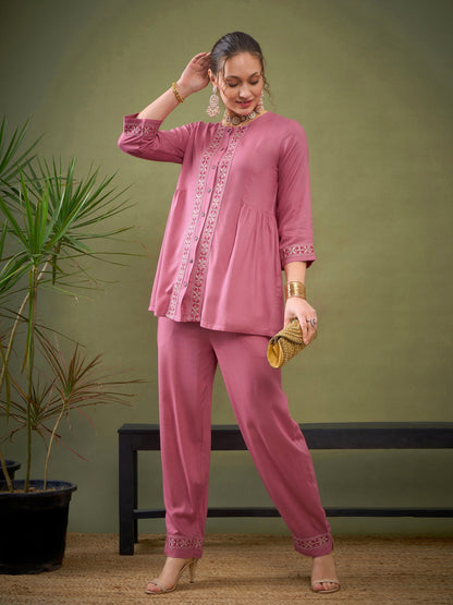Pink Front Embroidered Shirt With Palazzos