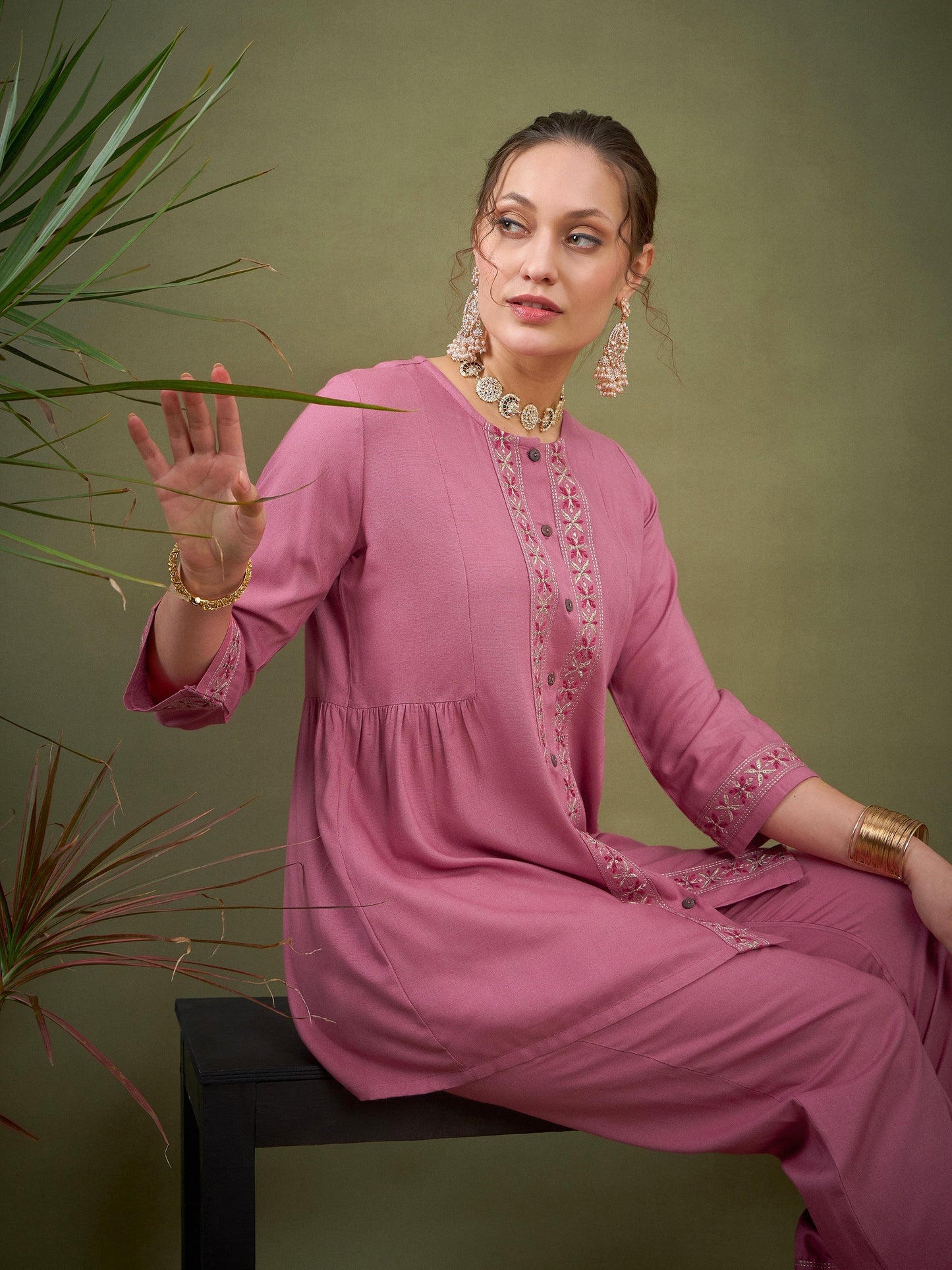 Pink Front Embroidered Shirt With Palazzos