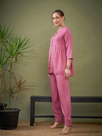 Pink Front Embroidered Shirt With Palazzos