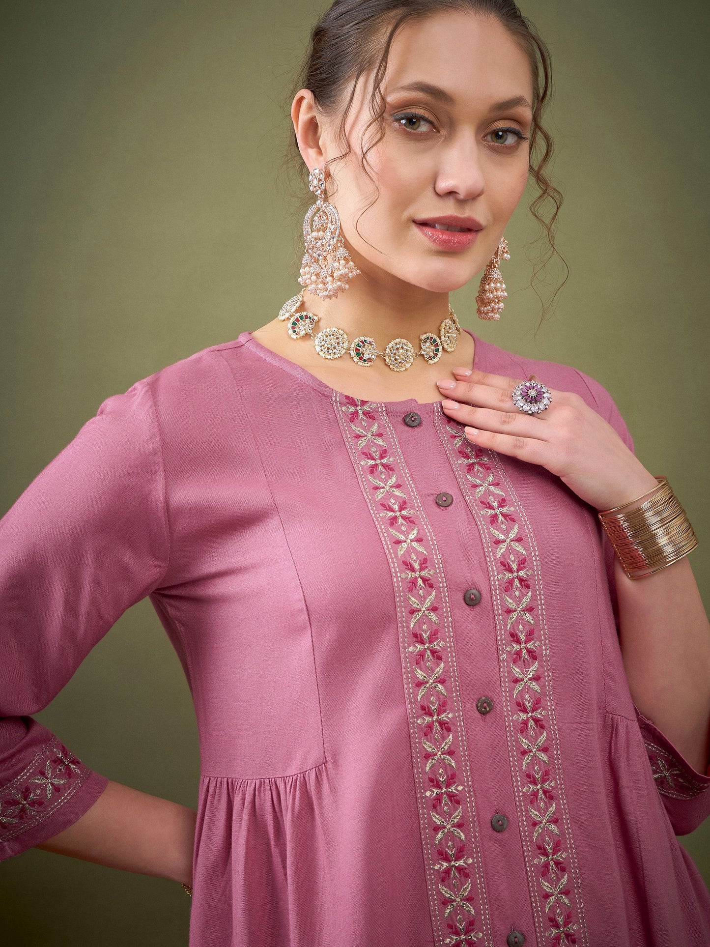 Pink Front Embroidered Shirt With Palazzos