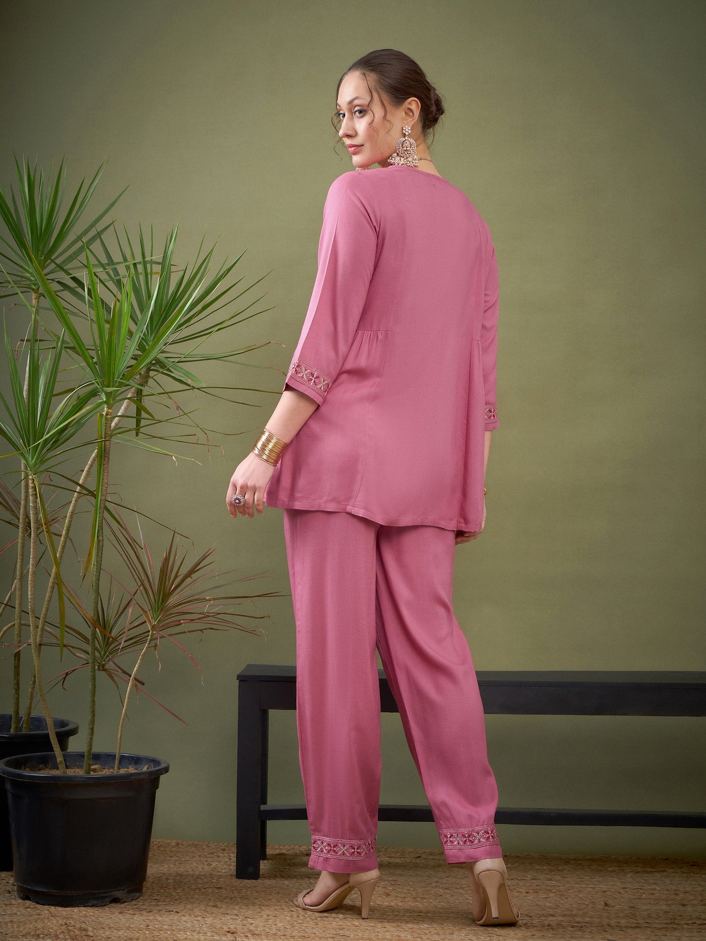 Pink Front Embroidered Shirt With Palazzos