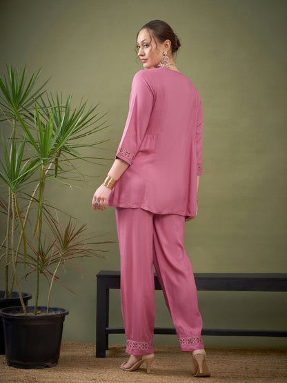 Pink Front Embroidered Shirt With Palazzos