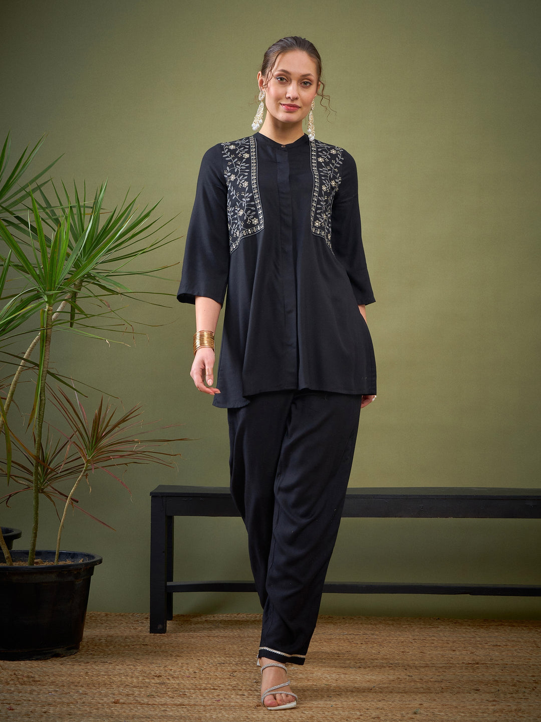 Women's Women Black Yoke Embroidered Shirt With Palazzos in Rayon by Shae for wholesale, bulk, supplier, manufacturer and wholesaler buyers from Trendphoria