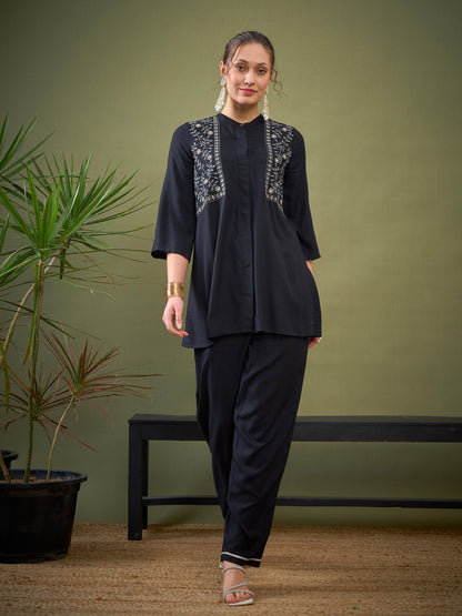 Women's Women Black Yoke Embroidered Shirt With Palazzos in Rayon by Shae for wholesale, bulk, supplier, manufacturer and wholesaler buyers from Trendphoria