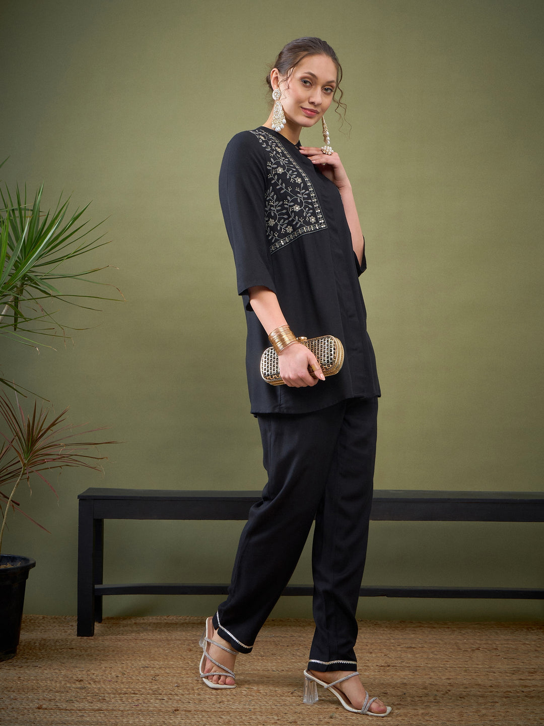 Black Yoke Embroidered Shirt With Palazzos-Shae by SASSAFRAS