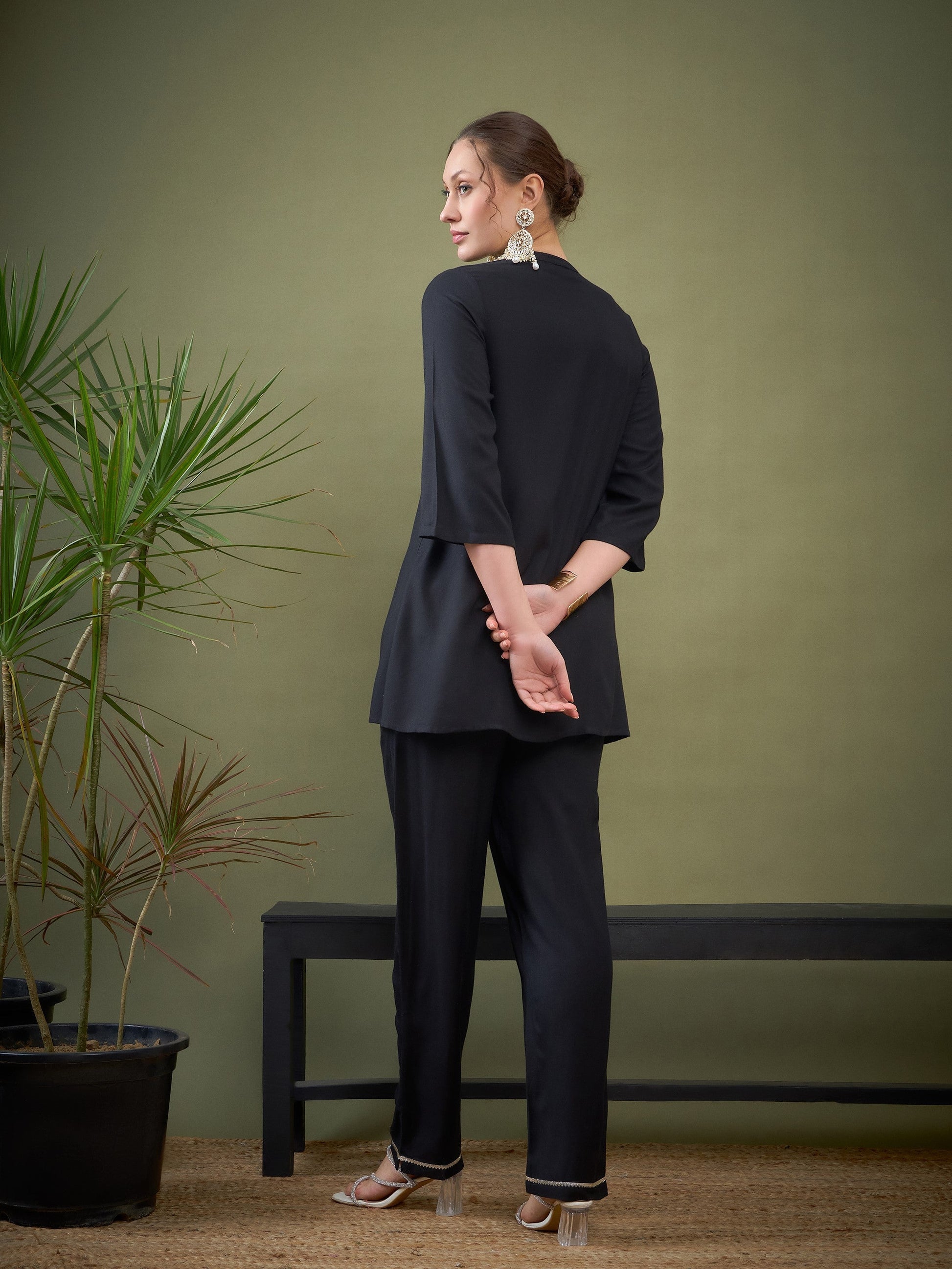 Black Yoke Embroidered Shirt With Palazzos-Shae by SASSAFRAS