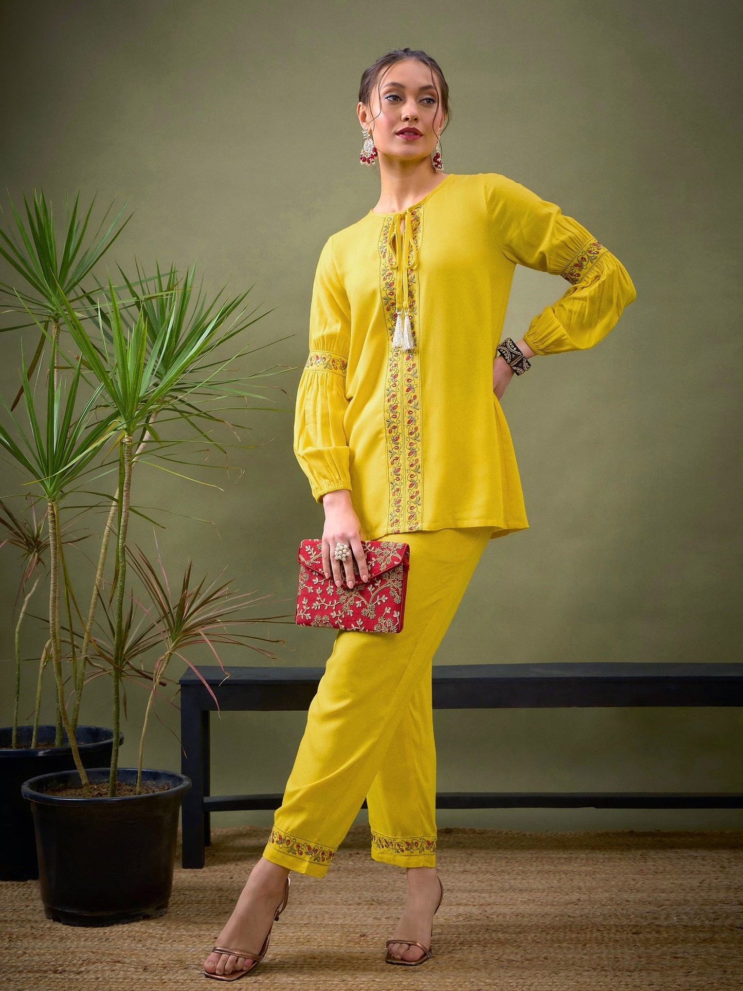 Yellow Front Embroidered Shirt With Palazzos