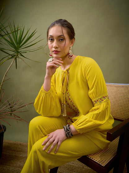 Yellow Front Embroidered Shirt With Palazzos