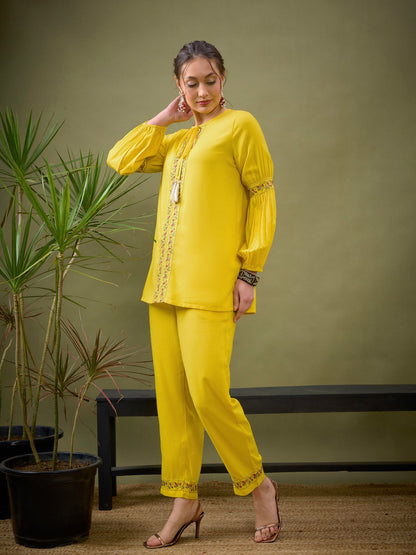 Yellow Front Embroidered Shirt With Palazzos