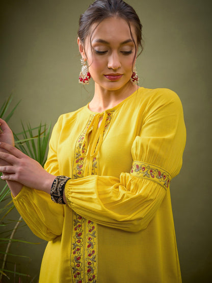 Yellow Front Embroidered Shirt With Palazzos