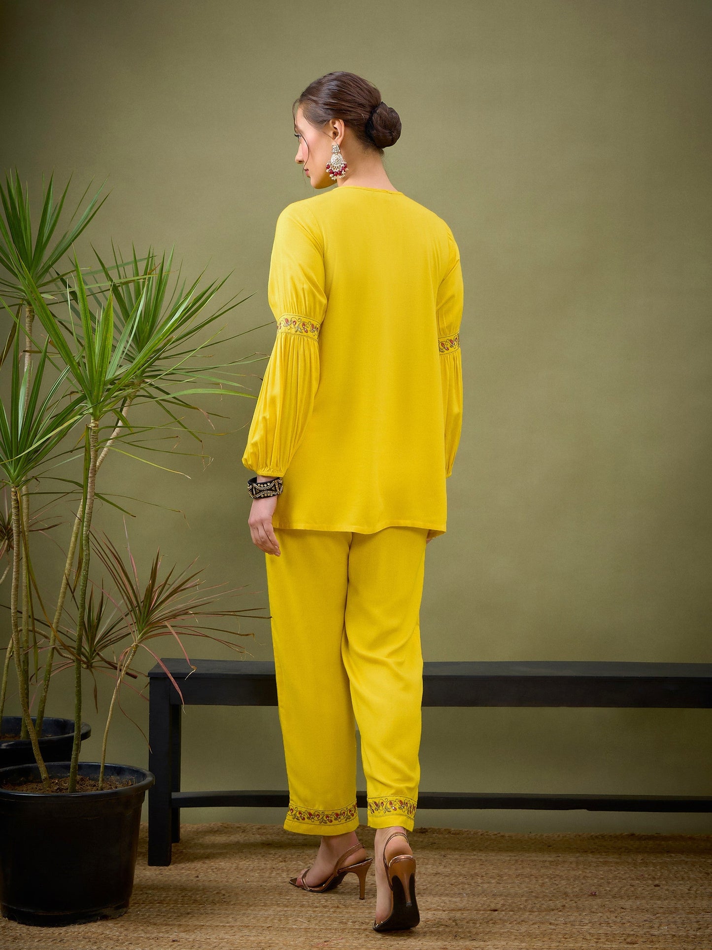 Yellow Front Embroidered Shirt With Palazzos
