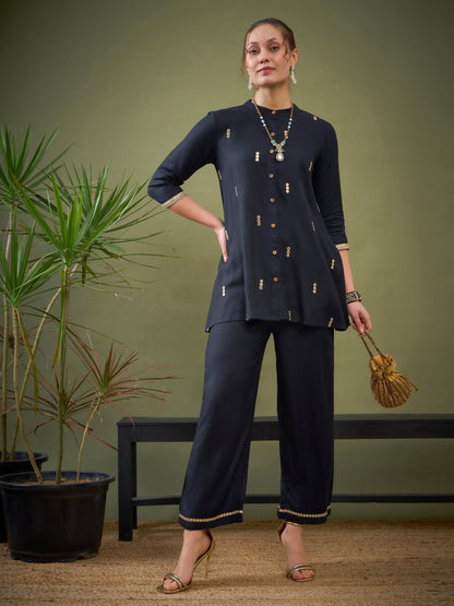 Black Rayon Mirror Embroidered Shirt With Palazzos