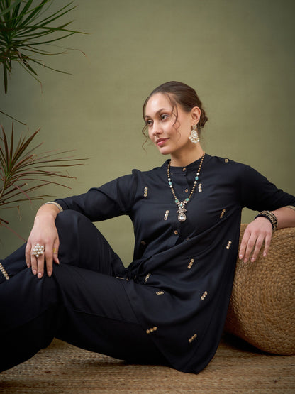 Black Rayon Mirror Embroidered Shirt With Palazzos